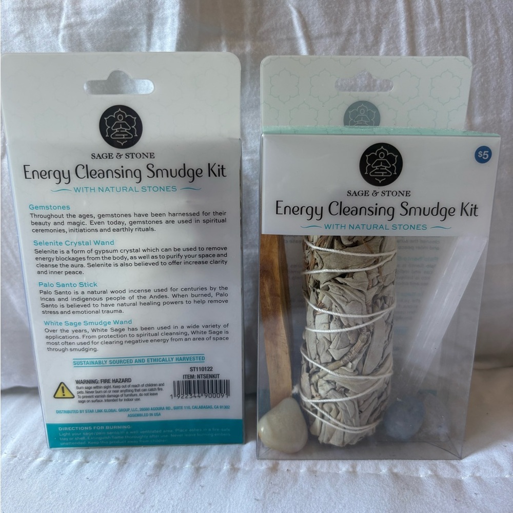 Energy Cleansing Smudge Kit with Natural Stones - White